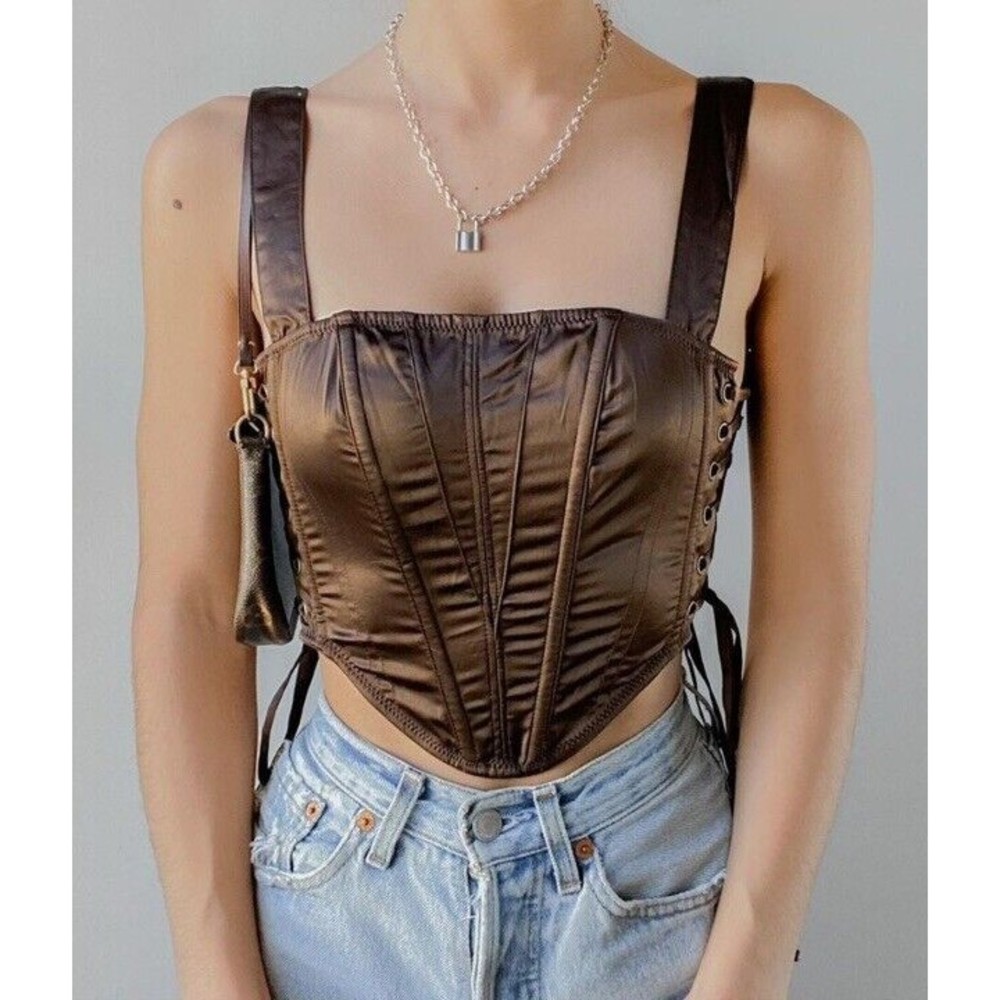 Urban Outfitters Corset Top Small Brown Satin Lace-Up Festival Grunge Whimsygoth